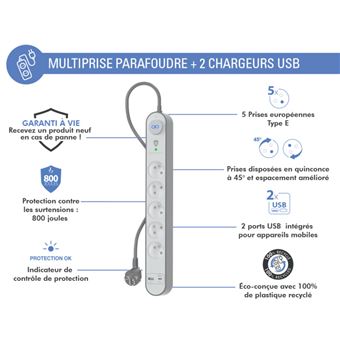 Parafoudre 5 prises 800j avec USB A+C 1,5m 100% Plastique recyclé Grise et Blanche - Garanti à vie Force Power Lite