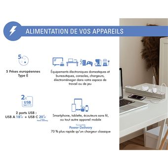 Parafoudre 5 prises 800j avec USB A+C 1,5m 100% Plastique recyclé Grise et Blanche - Garanti à vie Force Power Lite