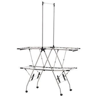 HOMCOM Séchoir à linge étendoir à vêtements pliable réglable avec barre de penderie et roulettes acier inox. PP noir - 1