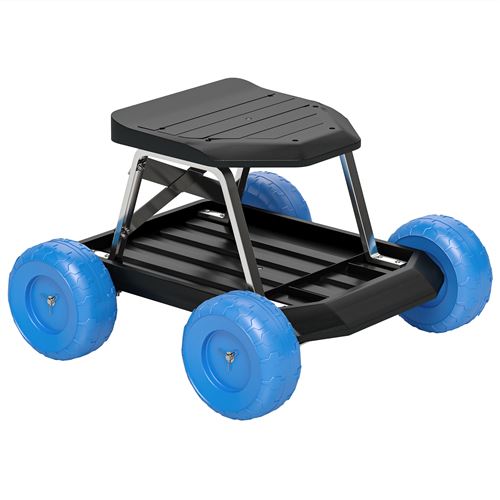 Asiento de jardín con ruedas Outsunny, taburete con bandeja para herramientas, carrito de jardinería con asiento para desmalezar y plantar.