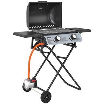 Barbecue gaz pliable portable avec couvercle roues 2 brûleurs 5,6kW thermomètre régulateur tuyau inclus - 1