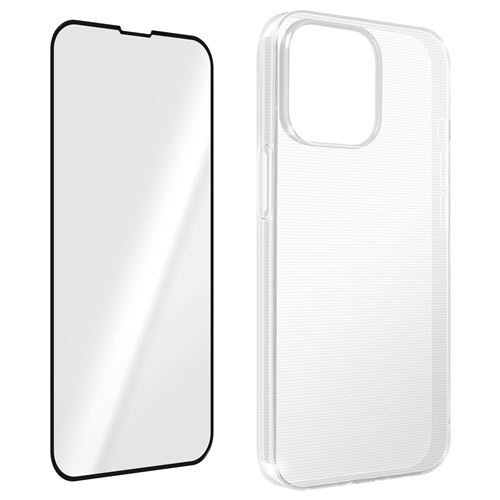 Coque pour iPhone 14 Pro Max Silicone Souple et Film Verre Trempé 9H Avizar transparent contour noir