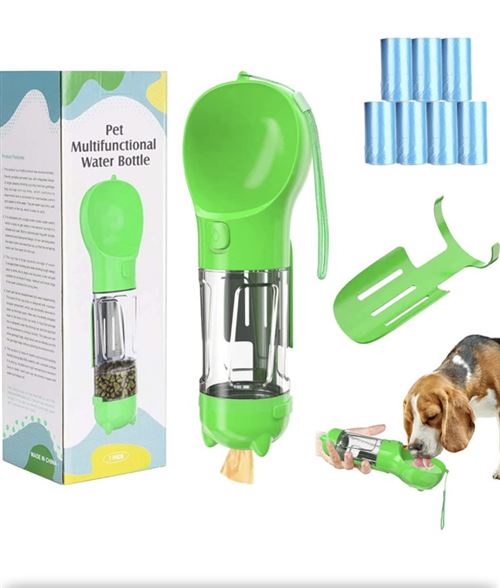 RMY Bouteille d'eau Animaux Alimentaire Gobelet 300ML Chiot Portable Voyage Nourriture Récipient Pelle à Ordures(Vert) Distributeur 5 en 1