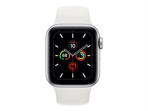 Apple Watch Series 5 (GPS + Cellular) - 40 Mm - Aluminium Argenté - Montre Intelligente Avec Bande Sport - Fluoroélastomère - Blanc - Taille Du Bracelet : S/M/L - 32 Go - Wi-Fi, Bluetooth - 4G - 30.8 G