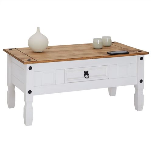 Table basse CAMPO avec 1 tiroir, style mexicain en pin massif blanc et brun
