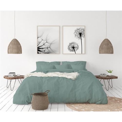 lovely home parure de couette en 100% lin 220x300 cm + 1 drap housse 140 x 190 cm + 2 taies 65x65cm - coloris bleu céladon