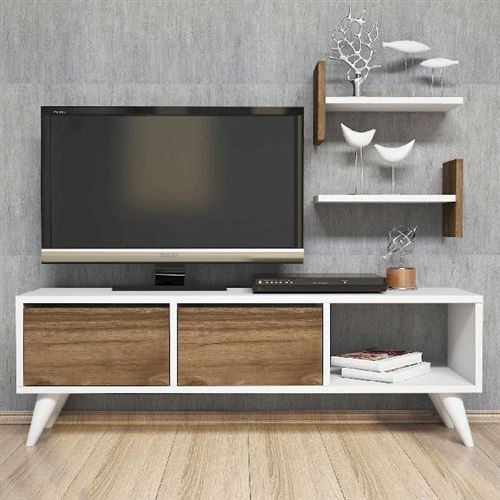 HOMEMANIA Meuble TV Foxy Moderne - avec Portes, Étagères - pour Salon - Noyer, Blanc en Bois, 120 x 30 x 40 cm