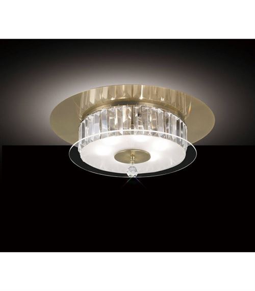 Plafonnier Tosca rond 6 Ampoules laiton antique/verre/cristal