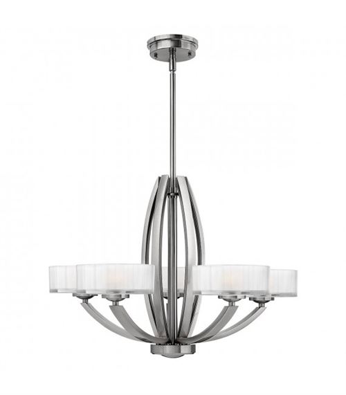 Suspension Meridian, nickel brossé et verre, 5 ampoules