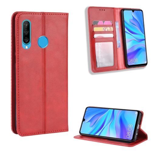 Etui en PU support auto-absorbé de style vintage rouge pour votre Samsung Galaxy M30