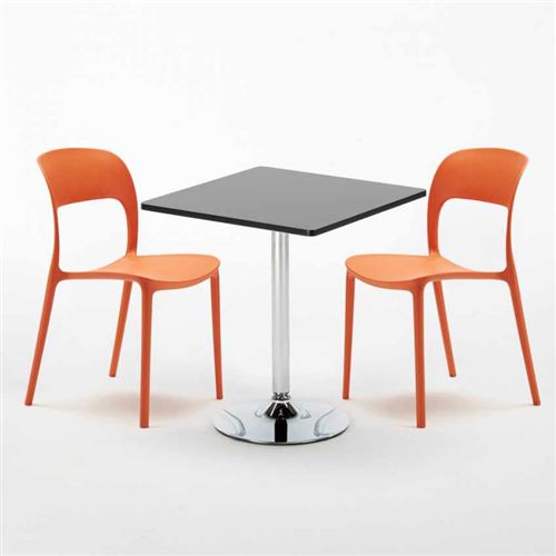 Table Carrée Noire 70x70cm Avec 2 Chaises Colorées Set Intérieur Bar Café Restaurant Mojito, Couleur: Orange