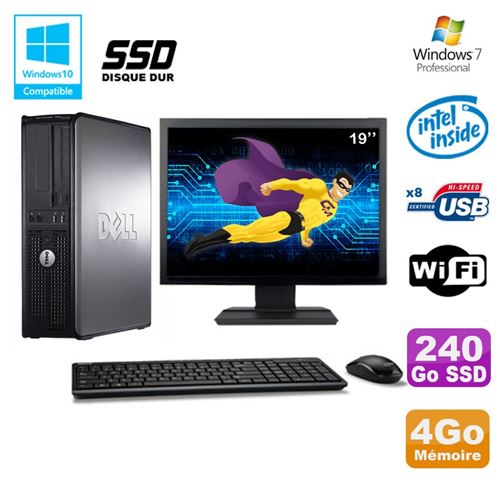 Pc dell optiplex 780 dt intel e5200 2,5ghz 4go 240go ssd wifi w7 ecran 19'