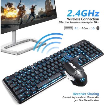 Clavier Et Souris Sans Fil Rétroéclairés - 7 Couleurs LED - Connexion 2,4 GHz - Pour PC, Tablette Et Ordinateur Portable