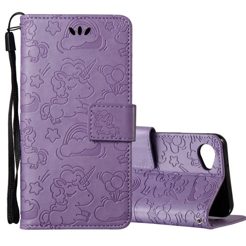 LG Q6 Housse Etui Cuir PU Gravé Licorne Mignonne Violet ALS54239
