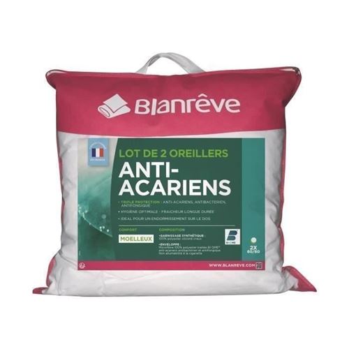 BLANREVE Lot de 2 Oreillers Triple Protection - 60 x 60 cm - Blanc