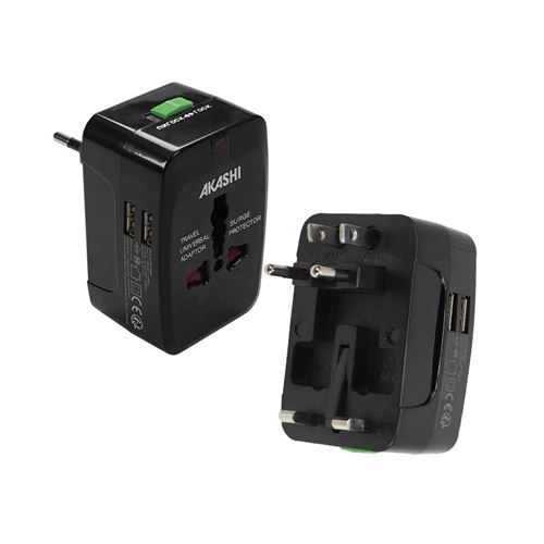 AKASHI Adaptateur Universel De Voyage Avec 2 Sorties Usb - Noir