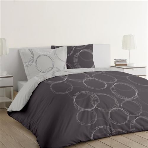 vision parure de couette lenny - 100% coton - 1 housse de couette 140 x 200 cm + 1 taie 65 x 65 cm - gris anthracite