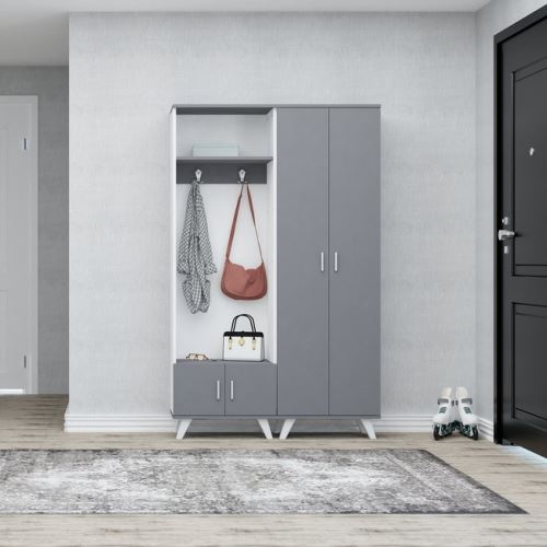 HOMEMANIA Meuble d’Entrée Turkuaz - Meuble Porte-Manteau, Armoire, Étagère à Chaussures - avec Portes, Étagères, Crochets - Anthracite, Blanc en Bois, 60 x 35 x 194 cm