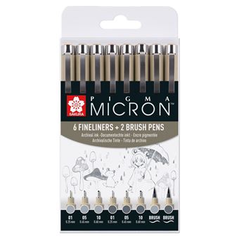 8 feutres - Gris - Dessin - Esquisse - Manga - Plusieurs mines - Sakura - Pigma Micron - 1