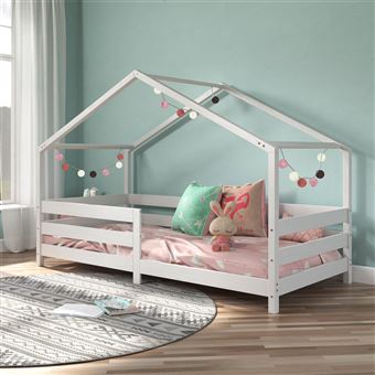 Lit cabane RENA lit simple montessori pour enfant 90 x 190 cm, avec  barrières de protection, en pin massif lasuré blanc - Lit enfant - Achat &  prix