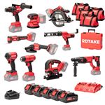 Ensemble de 10 machines 18V - Perceuse à percussion + Meuleuse + Scie circulaire + Visseuse à chocs + Scie sauteuse + Outil multifonction + Ponceuse orbitale + Pistolet à mastic + Décapeur thermique - ROTAKE - 3 batteries 5Ah+chargeur+4 sacs - LOT07