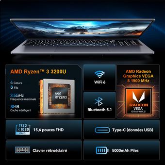 Portatile Azeyou 15,6'' FHD - Ryzen 3 3200U, 16GB RAM, 512GB SSD, Radeon Vega 3, Wi-Fi 5G, OS 11 Pro, Argento