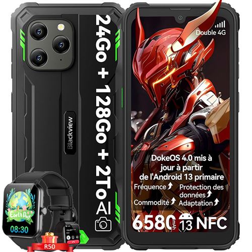 Blackview BV5300 Plus Téléphone Portable Incassable Android 13 6,1 128 Go 6580mAh NFC Vert avec Smartwatch Blackview R50