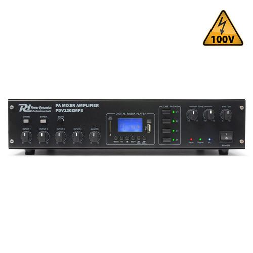 Power Dynamics V120zmp3 Amplificateur Pa 4 Zones, 120 Watts, 100 Volts, Public Address, Noir, Fonction Prioritaire, Alarme, Messages Audio, Sd, Mp3, Usb