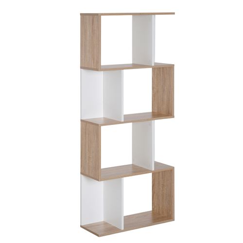 Bibliothèque étagère meuble de rangement design contemporain en S 4 étagères 60L x 24l x 148H cm coloris chêne blanc