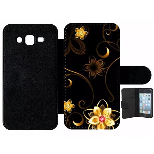 Etui À Rabat Samsung Galaxy J7 Fleur D Or Fond Noir