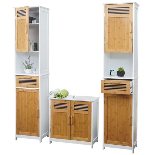 Meubles de salle de bain MENDLER HWC-A85, 2x armoire haute, meuble sous évier, bambou, blanc