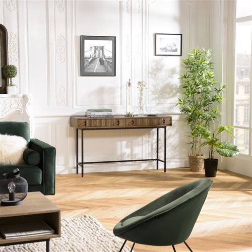 ERNESTO - Console marron 2 tiroirs Acacia pieds métal noir