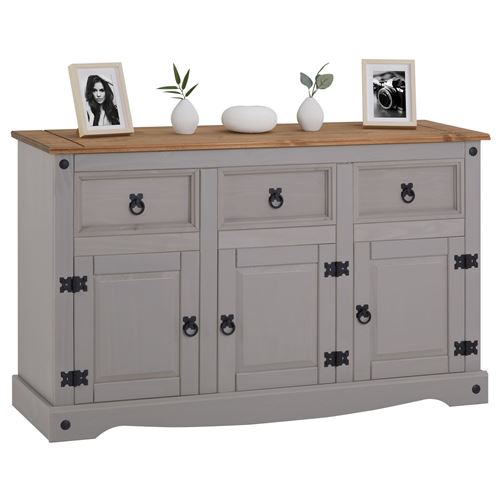 Buffet RAMON avec 3 tiroirs et 3 portes, style mexicain en pin massif gris et brun