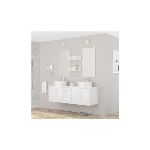DIVA Ensemble salle de bain double vasque avec miroir L 150 cm - Blanc laqué brillant
