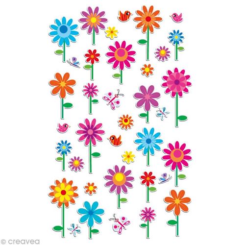 Sticker fantaisie Fleurs x 37 - 1 planche 7,5 x 12 cm