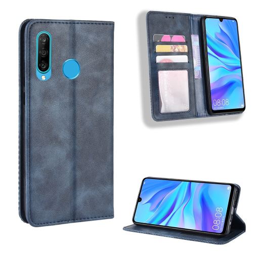 Etui en PU support auto-absorbé de style vintage bleu pour votre Samsung Galaxy M30
