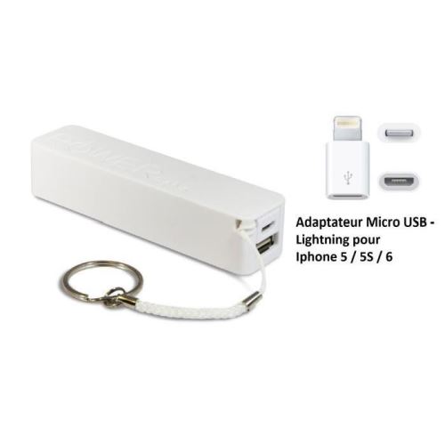 Batterie externe de secours 2600 mah - Powerbank - Blanc - avec adaptateur Lightning pour Apple Iphone 5 / 5S / 6