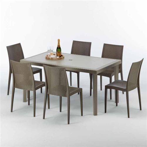 Table rectangulaire et 6 chaises Poly rotin resine ensemble bar cafè exterieur 150x90 Beige Marion, Chaises Modèle: Bistrot Marron Moka