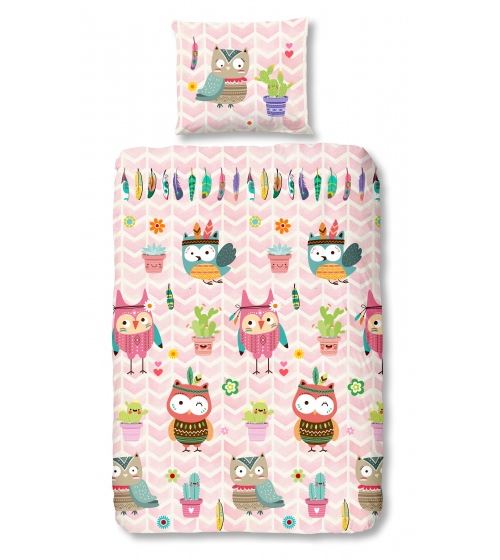 Good Morning Owlz couette 140 x 200/220 cm rose