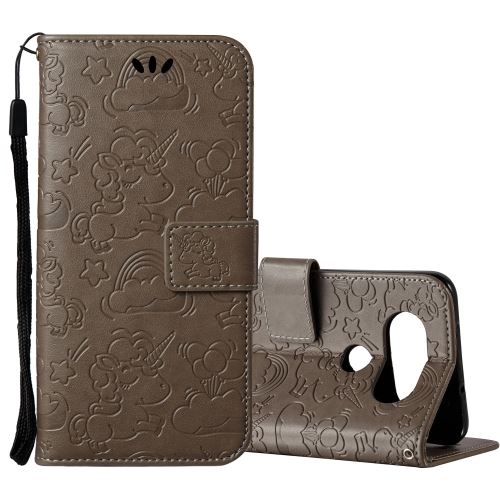 LG Q8 Housse Etui Cuir PU Gravé Licorne Mignonne Marron ALS54244