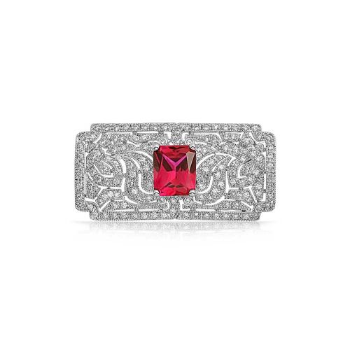 Bling Jewelry Ruby simulées CZ Style Art déco Broche Broche plaquée Rhodium