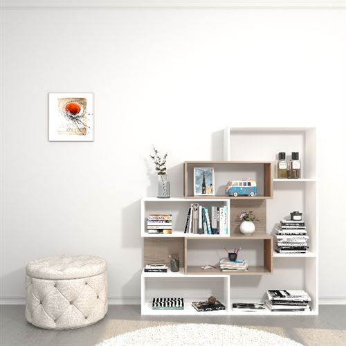 HOMEMANIA Bibliothèque Era - du mur - avec des étagères - du salon, du bureau, de l'entrée - Blanc, Sonoma en Bois, 140 x 27 x 150 cm
