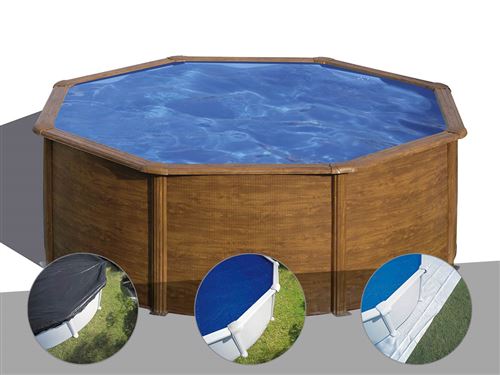 Kit piscine acier aspect bois Gré Pacific ronde 3,70 x 1,22 m + Bâche d'hivernage + Bâche à bulles + Tapis de sol