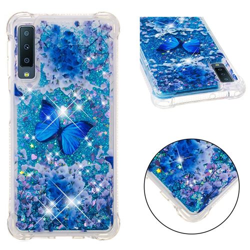 Coque en TPU paillettes dynamiques en forme de coeur à papillon bleu pour votre Samsung Galaxy A7 (2018)