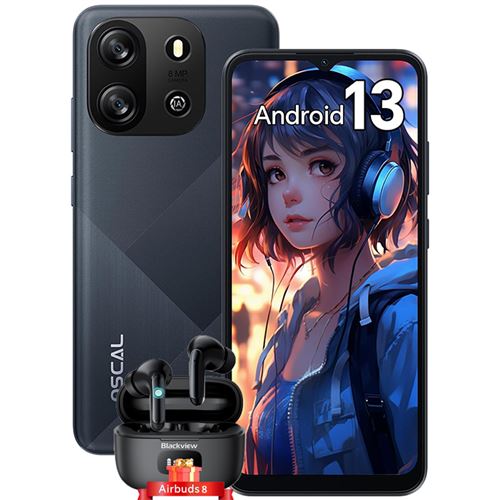 Téléphone Portable Débloqué Oscal FLAT 1C 6,517 4Go+32Go 8MP+5MP 4700mAh Android 13 Noir avec Blackview Airbuds 8