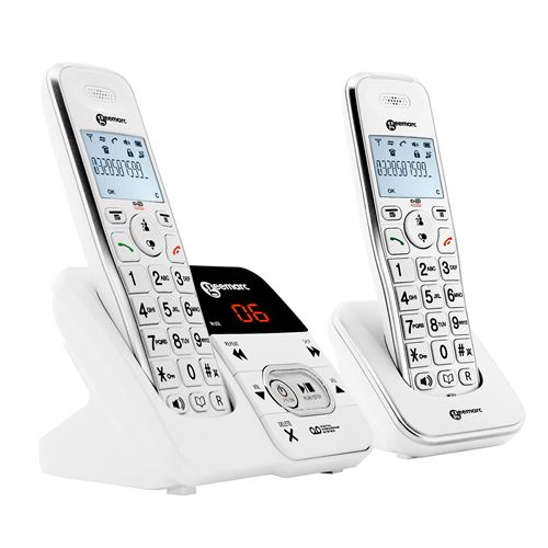 Téléphone Senior Fixe Sans Fil Amplifié plus Double Combiné Répondeur Geemarc Blanc