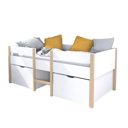 Lit Mi-Hauteur 90x200cm Avec 2 Maxi Tiroirs - Blanc/Bois - Sommier Inclus - Zephir