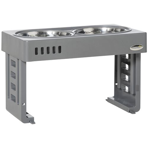 Meilleurs prix pour Gamelle double chien porte-gamelles surélevé pliable hauteur réglable 8/19/28 cm 2 gamelles acier inox. incluses gris