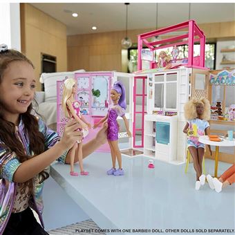 Coffret Maison de Poupee a 2 niveaux avec Poupee Barbie et Accessoires Mattel Multicolore
