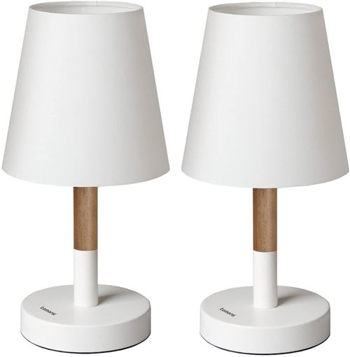 Tomons (Une Paire) Lampe De Chevet Ou De Table En Bois, Abat-Jour En Tissu, Lampe Led Pour Chambre, Salon, Dortoir, Studio, Café - Blanc